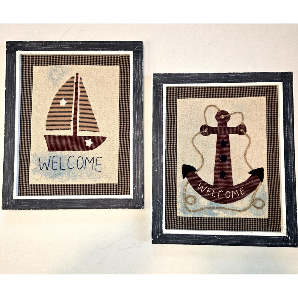 River Lake Welcome Wall Art Fabric with Wood‎ Frames Set of Two Anchor Boat